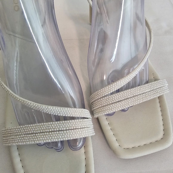 Aldo Square Toe White Pearl Embellished Strappy Heels - Picture 7 of 12